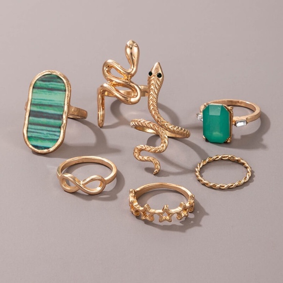 **MAVERY* 7-Pc Gold x Green Fashion Snake Ring Set - Picture 4 of 5